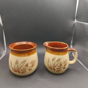 Stoneware Sugar and Creamer Set Wheat Pattern Pottery